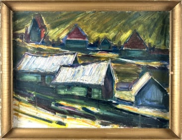 TOVARI TOTH (Hungary, 1909-2004), Abstract of houses., Oil, 22.5" x 30.5". Framed 26" x 34".