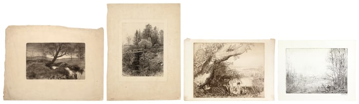 FOUR LANDSCAPE ETCHINGS 19th/20th Century Sheets from 11.25" x 14.5" to 13.75" x 18". Unframed.