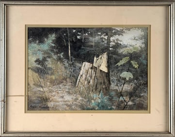 EUGENE SPARKS (Massachusetts, 1937-2012), Tree stump in a forest interior., Watercolor on paper, 13"