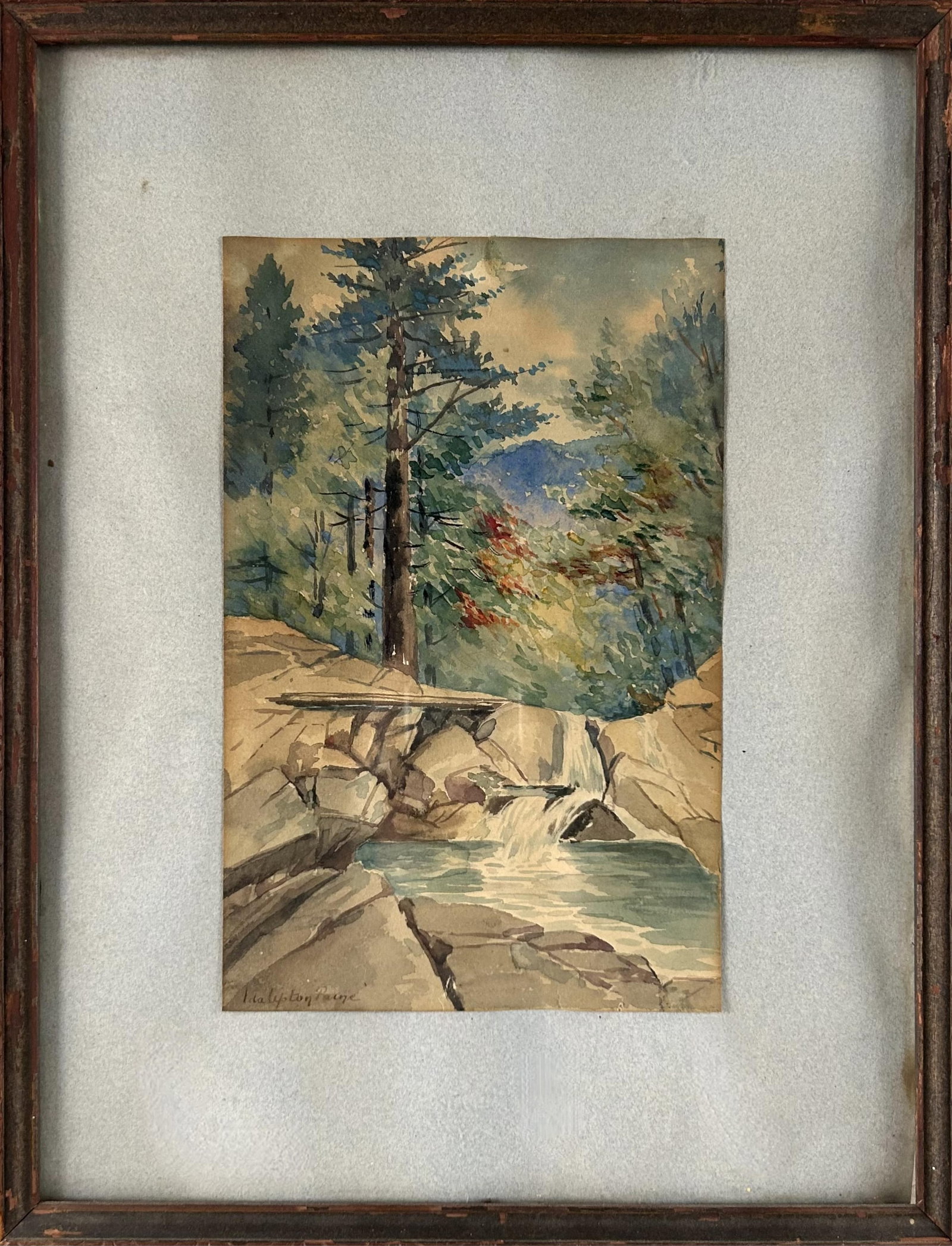 IDA UPTON PAINE (Massachusetts, 1860-1936), Forest waterfall., Watercolor.: IDA UPTON PAINE Massachusetts, 1860-1936 Forest waterfall. Watercolor.