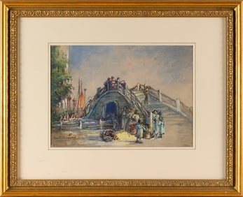 HARRIETTE BOWDOIN (New York/Massachusetts, 1880-1947), Figures on a bridge., Watercolor on paper,