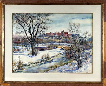 AMERICAN SCHOOL (20th Century,), Winter scene of a park outside a city., Watercolor on paper, 18" x