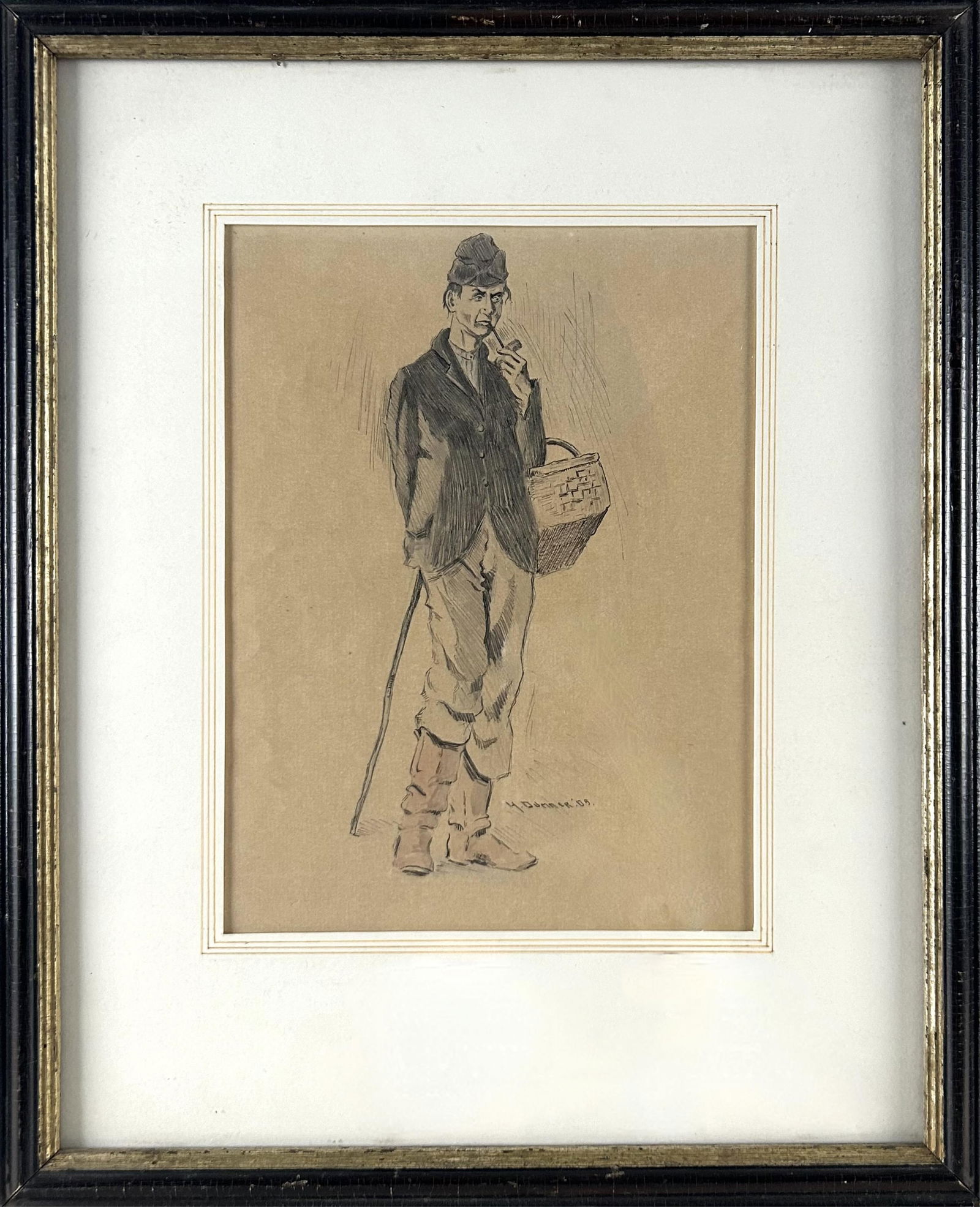 H. BOYLSTON DUMMER (Massachusetts, 1878-1945), A man smoking a pipe and holding a basket and walking (1 of 3)