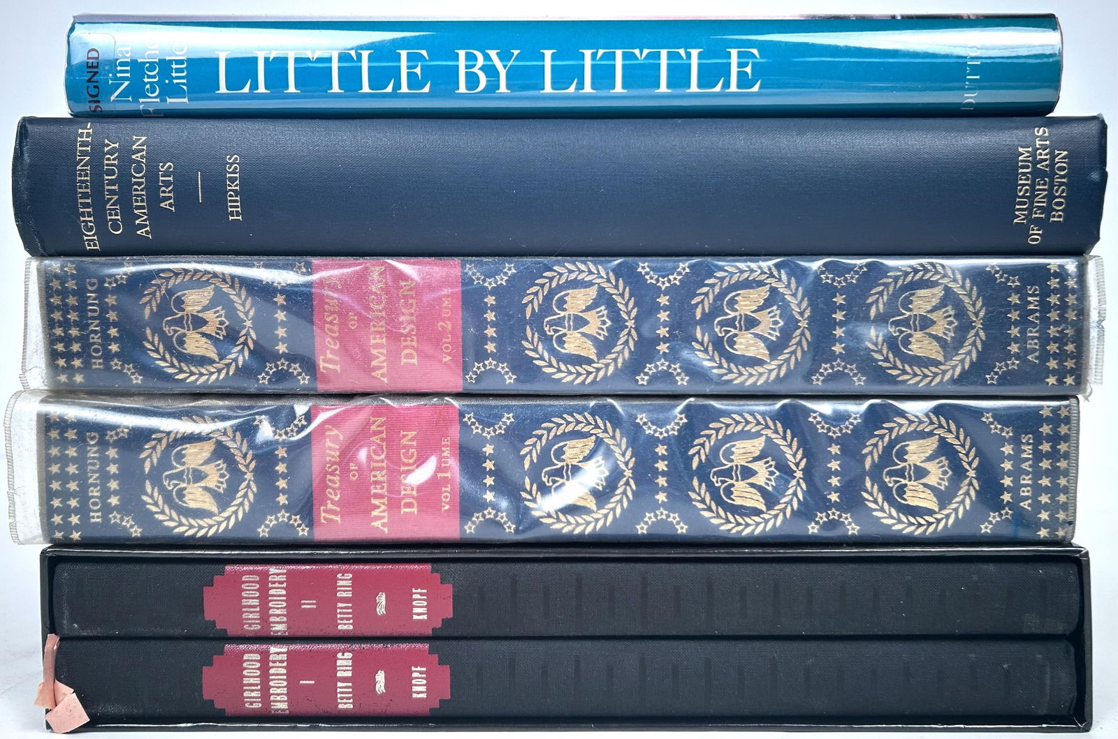 COLLECTION OF BOOKS ON AMERICAN FOLK AND DECORATIVE ARTS: COLLECTION OF BOOKS ON AMERICAN FOLK AND DECORATIVE ARTSVolumes on samplers, folk paintings, arts and crafts, fireplaces, boxes, the China trade, historic homes, silver, etc. Includes:1-2) Two-volume