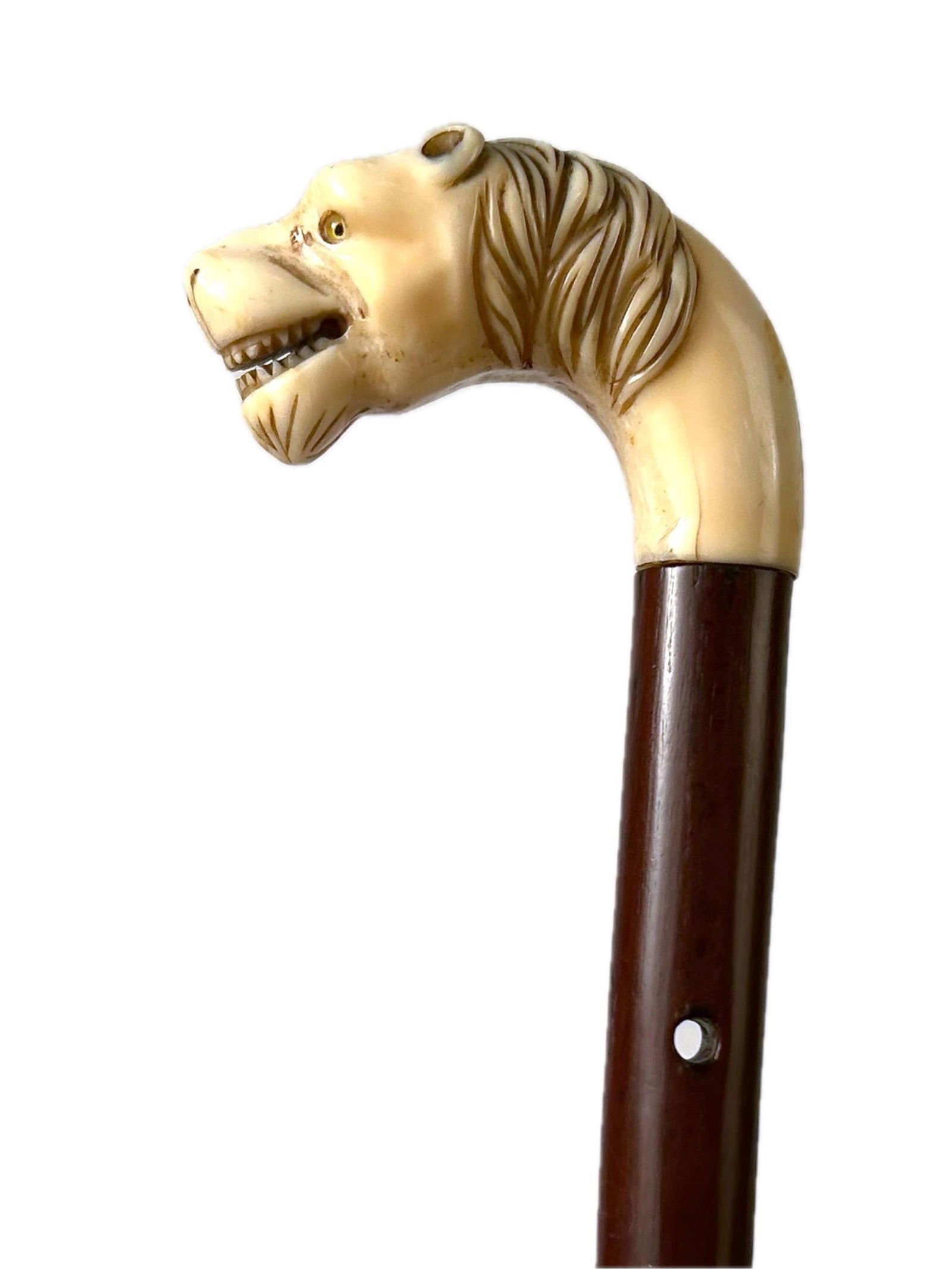 LION'S HEAD CANE WITH CHIP-CARVED SHAFT 19th/Early 20th Century Length 32.5".