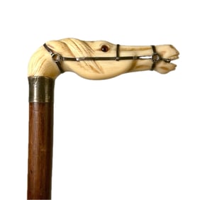 STERLING SILVER-MOUNTED HORSE-HEAD CANE 19th/Early 20th Century Length 34".