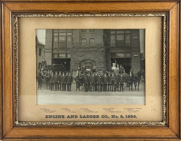 VINTAGE PHOTOGRAPH "ENGINE AND LADDER CO. NO. 5 1896." America, Circa 1896 12" x 16" sight. Framed