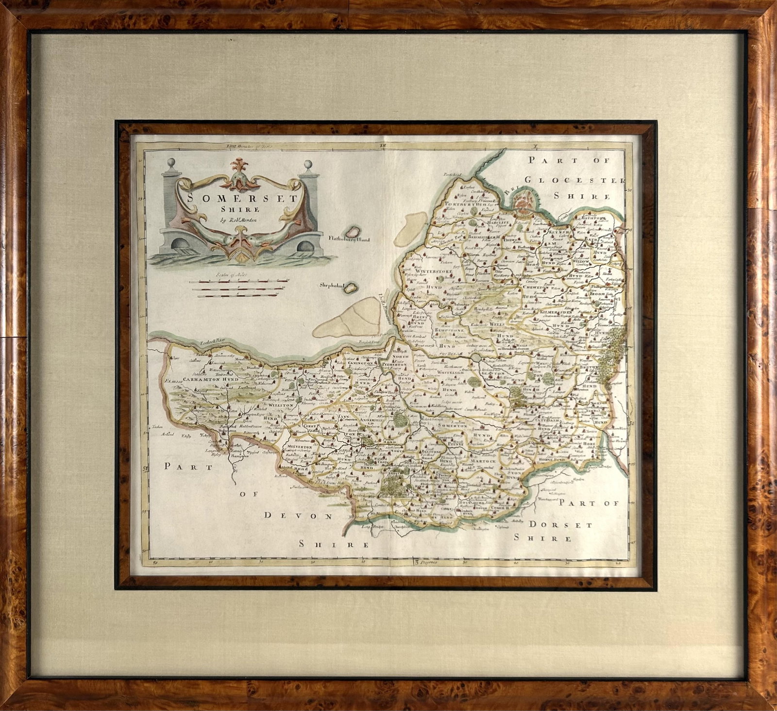 ENGRAVED MAP OF SOMERSET SHIRE Late 17th Century 14.5" x 16.5" sight. Framed 24" x 26". (1 of 2)