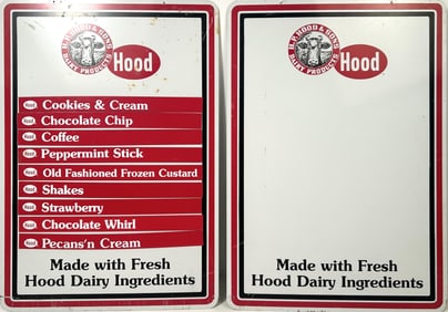 TWO HOOD DAIRY PAINTED METAL SIGNS America, 20th Century Both 20" x 14".