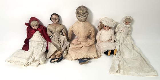 FIVE DOLLS Late 19th/Early 20th Century Heights from 9" to 20".