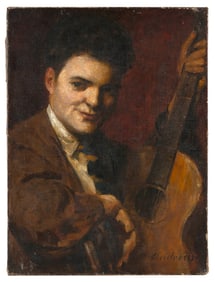 AMERICAN SCHOOL (Early 20th Century,), Portrait of a young man with a guitar., Oil on canvas, 24" x