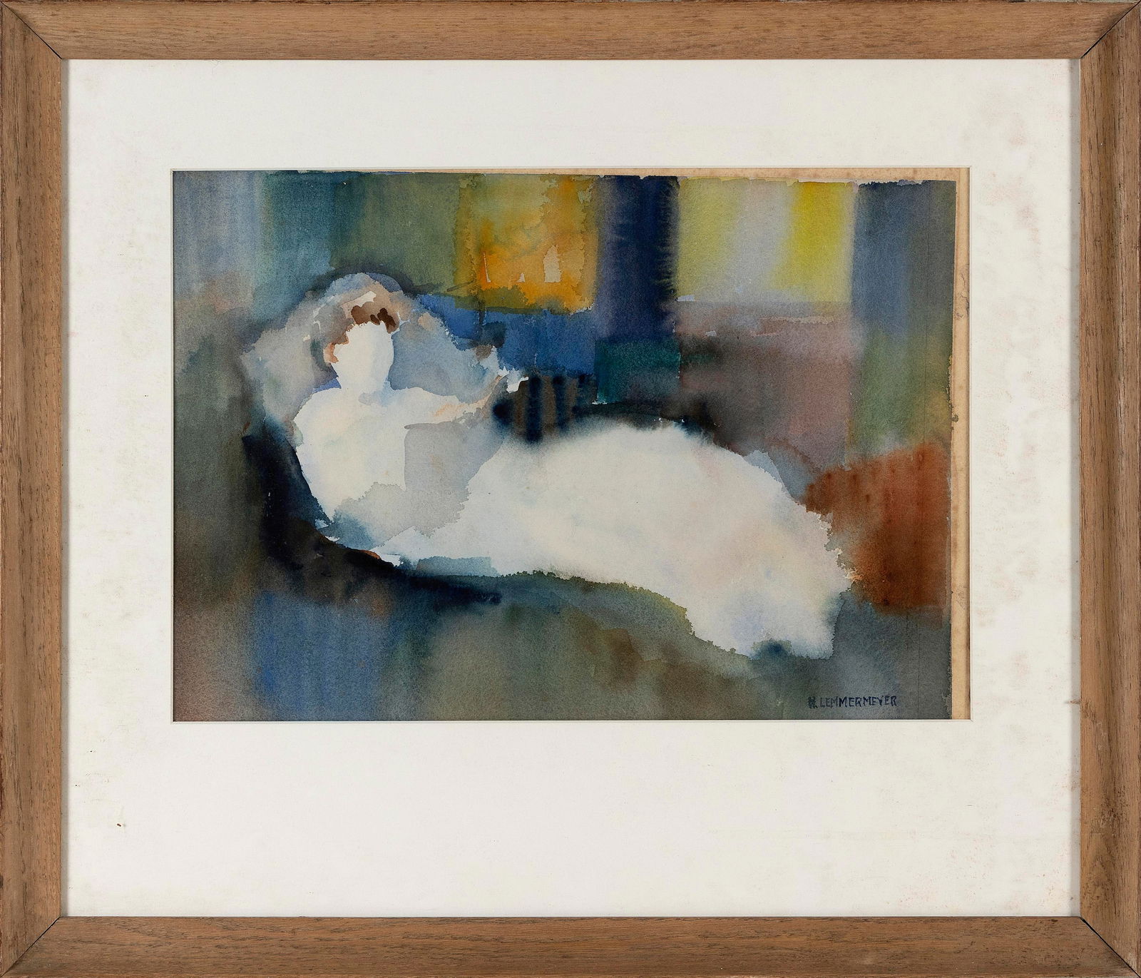 MICHAEL LEMMERMEYER (America, 1891-1970), Reclining female figure., Watercolor on paper, 14" x 20": MICHAEL LEMMERMEYERAmerica, 1891-1970Reclining female figure. Signed lower right "M. Lemmermeyer".Watercolor on paper, 14" x 20" sight. Framed 25" x 29".