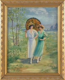 BOSTON SCHOOL (19th Century,), Two women strolling with a parasol., Oil on canvas, 18” x