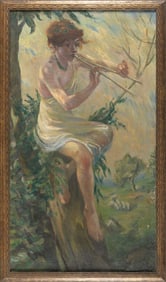 AMERICAN SCHOOL (Late 19th Century,), Pan playing his flute while seated in a bucolic landscape.,