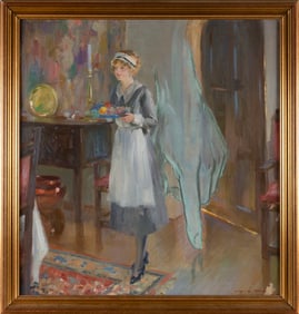 AMERICAN SCHOOL (20th Century,), Interior scene with a maid serving a meal., Oil on canvas, 31”