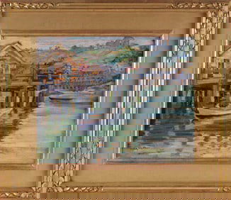 WALTER FARNDON (New York, 1876-1964), Pier scene, possibly Maine., Oil on panel, 15.75" x 20".