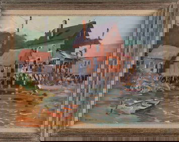 W. SCHMIDT (America, 20th Century), Buildings on the water, possibly Kennebunkport, Maine., Oil on