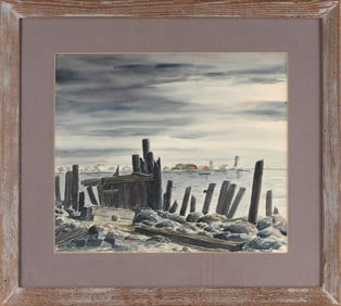 AMERICAN SCHOOL (20th Century,), View of a harbor and lighthouse, possibly Scituate, Massachusetts.,