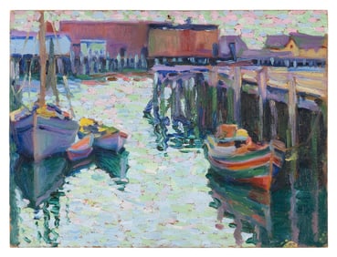 AMERICAN SCHOOL (Mid-20th Century,), Harbor scene, likely Gloucester, Massachusetts., Oil on board,