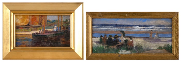 CAPE ANN SCHOOL (20th Century,), Two works: a seascape and a scene of boats., Oils on board, 5.25" x