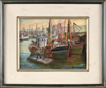 ELEANOR (O'NEIL) HARPER (Massachusetts, 1920-2006), "Gloucester Harbor"., Oil on panel, 9" x 12".