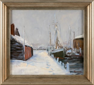 PAUL BEADEN HUDDER (Nevada/Massachusetts, 1897-1991), "Winter Harbor, Gloucester"., Oil on canvas