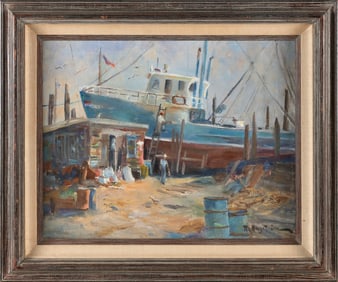 AMERICAN SCHOOL (20th Century,), Fishing boat at drydock, probably Rockport, Massachusetts., Oil on