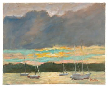 RICHARD STALTER (Connecticut/New York, 1934-), Clouds over a harbor., Oil on canvas, 16" x 20".