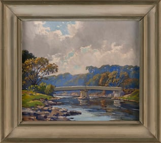 CHARLES GORDON HARRIS (Rhode Island, 1891-1963), A bridge over a tranquil river., Oil on canvas