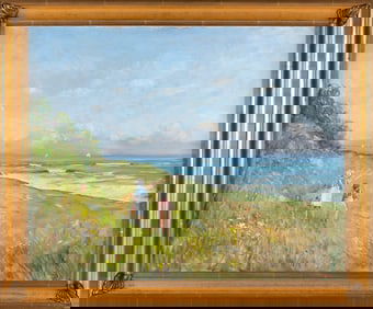 ROGER WILSON DENNIS (Connecticut, 1902-1996), "Two Girls Walking Near the Beach"., Oil on canvas,