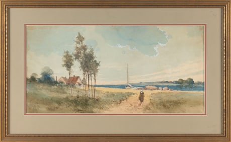 CLARENCE BRALEY (Massachusetts, 1854-1927), Shore scene with cottage and a figure walking along a