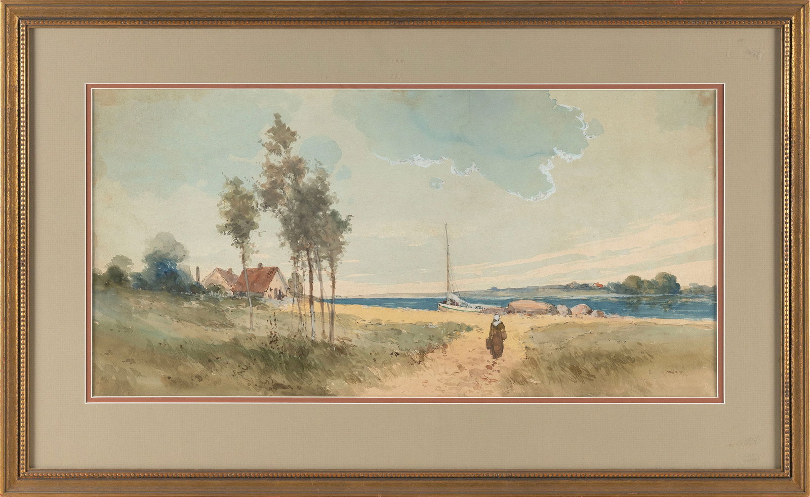 CLARENCE BRALEY (Massachusetts, 1854-1927), Shore scene with cottage and a figure walking along a (1 of 1)
