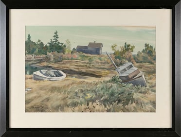 ELIOT PIERSON BEVERIDGE (America, 20th Century), Boats at low tide., Watercolor, 13.75" x 21" sight.