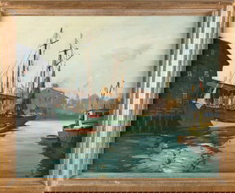 C. HJALMAR "CAPPY" AMUNDSEN (Maine/New York/Massachusetts, 1911-2001), Harbor scene., Oil on canvas,