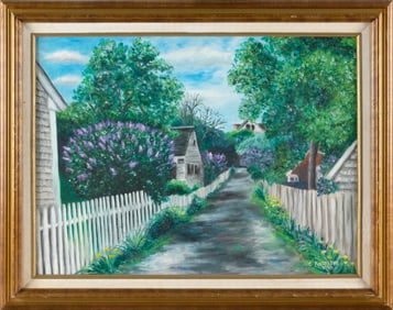 CHUCK ANZALONE (Massachusetts, 1951-), Lilacs and daffodils along picket fences, Provincetown,