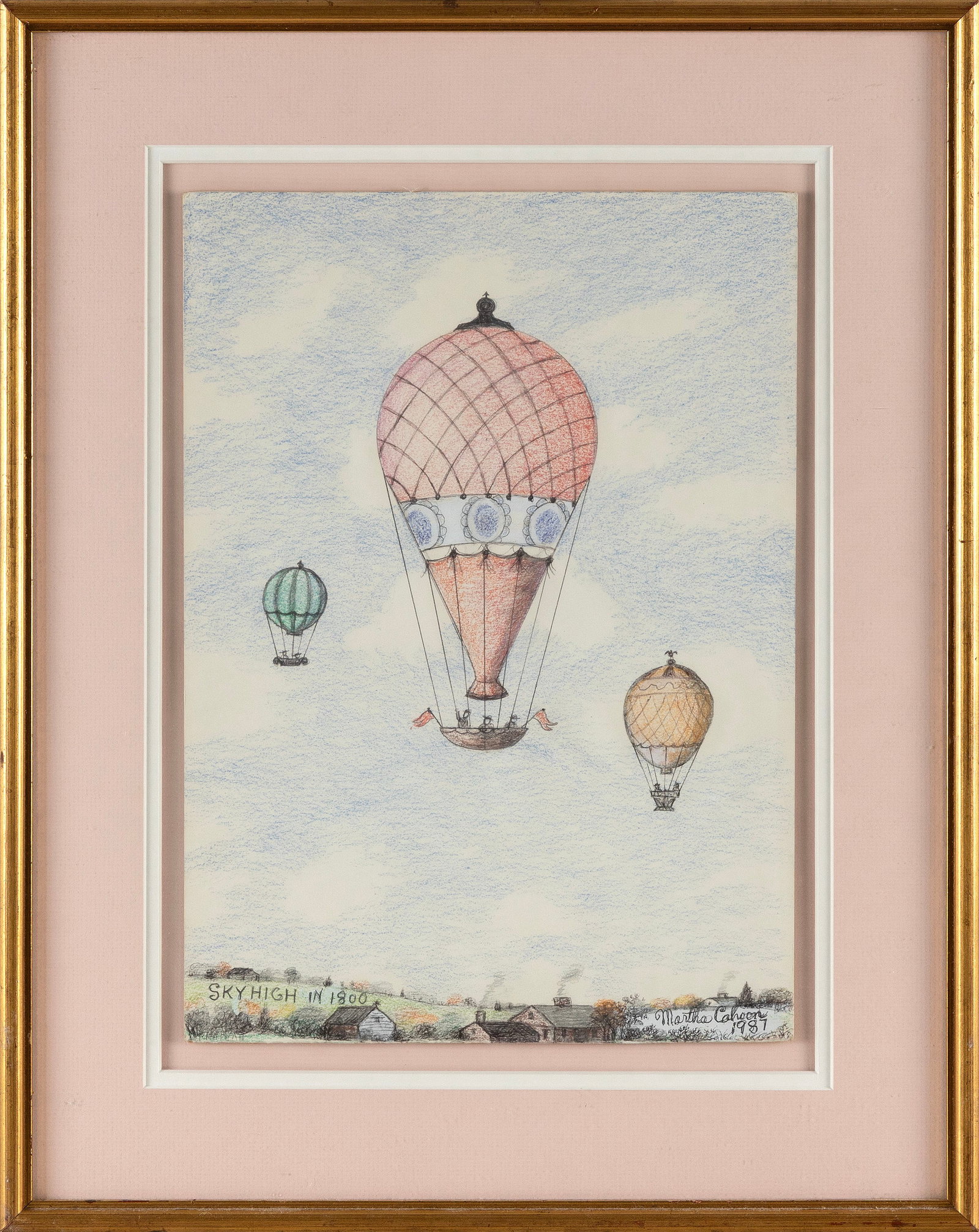 MARTHA FARHAM CAHOON (Massachusetts, 1905-1999), "Sky High in 1800"., Crayon and pencil on paper,: MARTHA FARHAM CAHOONMassachusetts, 1905-1999"Sky High in 1800". Signed and dated lower right "Martha Cahoon 1987". Titled lower left.Crayon and pencil on paper, 14" x 10"