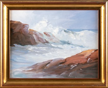 ROGER WILLIAM CURTIS (Massachusetts, 1910-2000), "Ocean Surge, Bass Rocks"., Oil on canvas board,