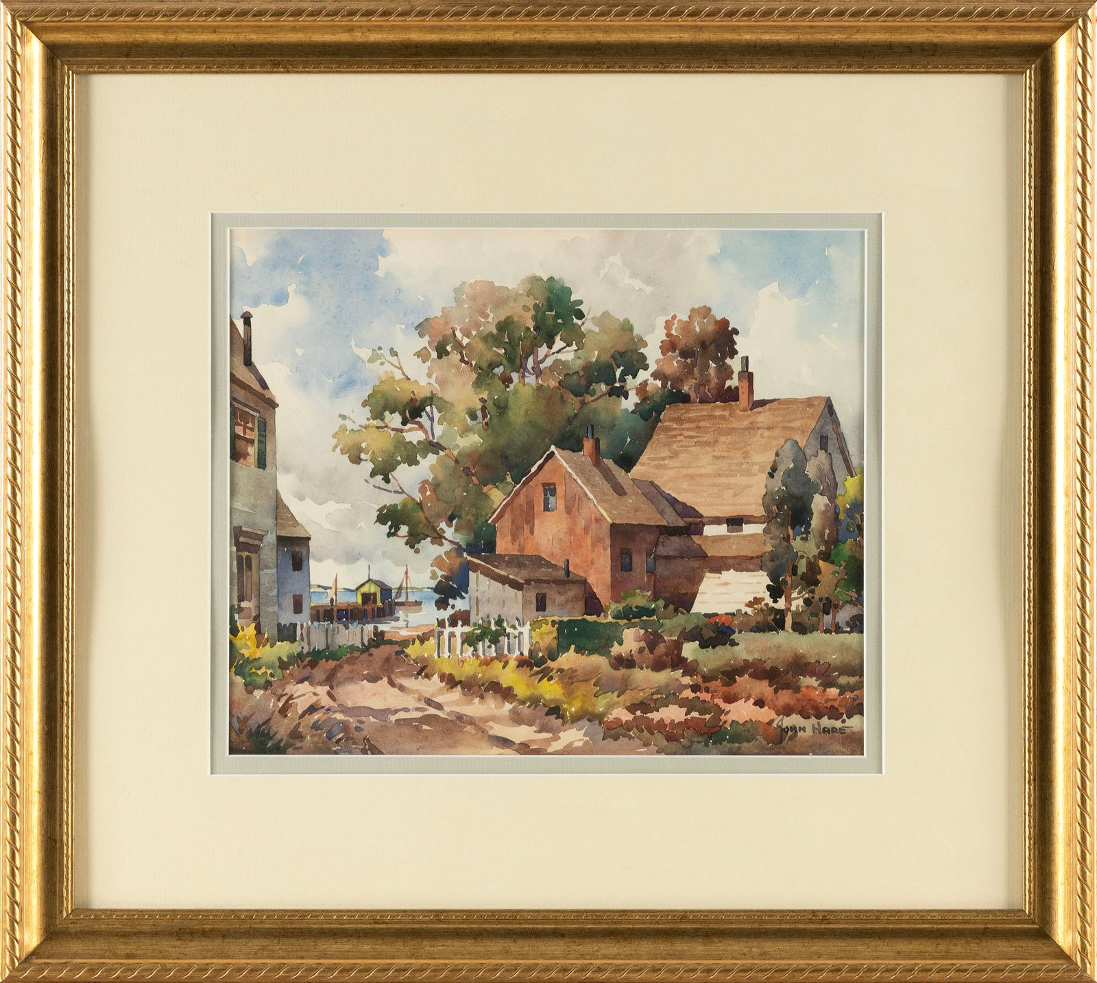 JOHN CUTHBERT HARE (Massachusetts/Florida, 1908-1978), Houses on the harborside, Provincetown,: JOHN CUTHBERT HAREMassachusetts/Florida, 1908-1978Houses on the harborside, Provincetown, Massachusetts. Signed lower right "John Hare".Watercolor on paper, 9.5" x 11.5" sight. Fra