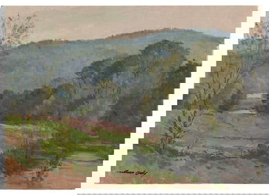 BERNARD COREY (Massachusetts, 1914-2000), House by a river., Oil on canvas laid down on board, 10" x