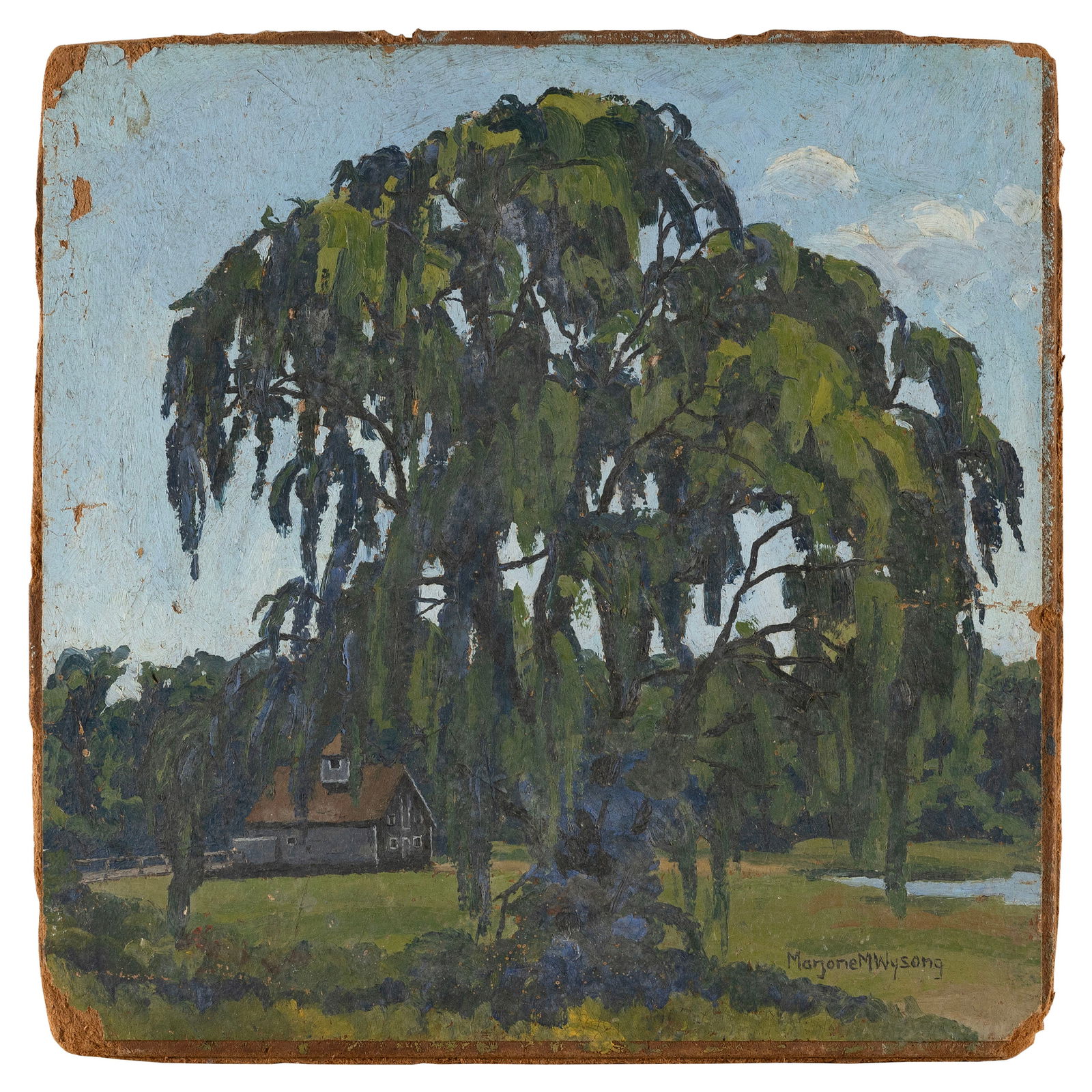 MARJORIE EUDORA MACMONNIES WYSONG (America, Early 20th Century), Weeping willow., Oil on canvas laid: MARJORIE EUDORA MACMONNIES WYSONGAmerica, Early 20th CenturyWeeping willow. Signed lower right "Marjorie M. Wysong".Oil on canvas laid down on board, 15.5" x 15.5". Unframed.
