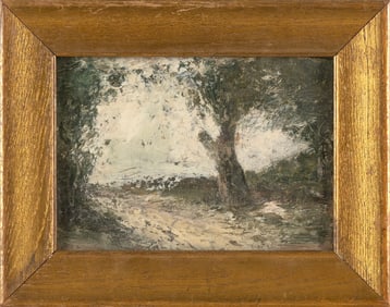 GEORGE A. TRAVER (New York, 1864-1928), Country road., Oil on board, 5" x 7.5". Framed 8" x 10".