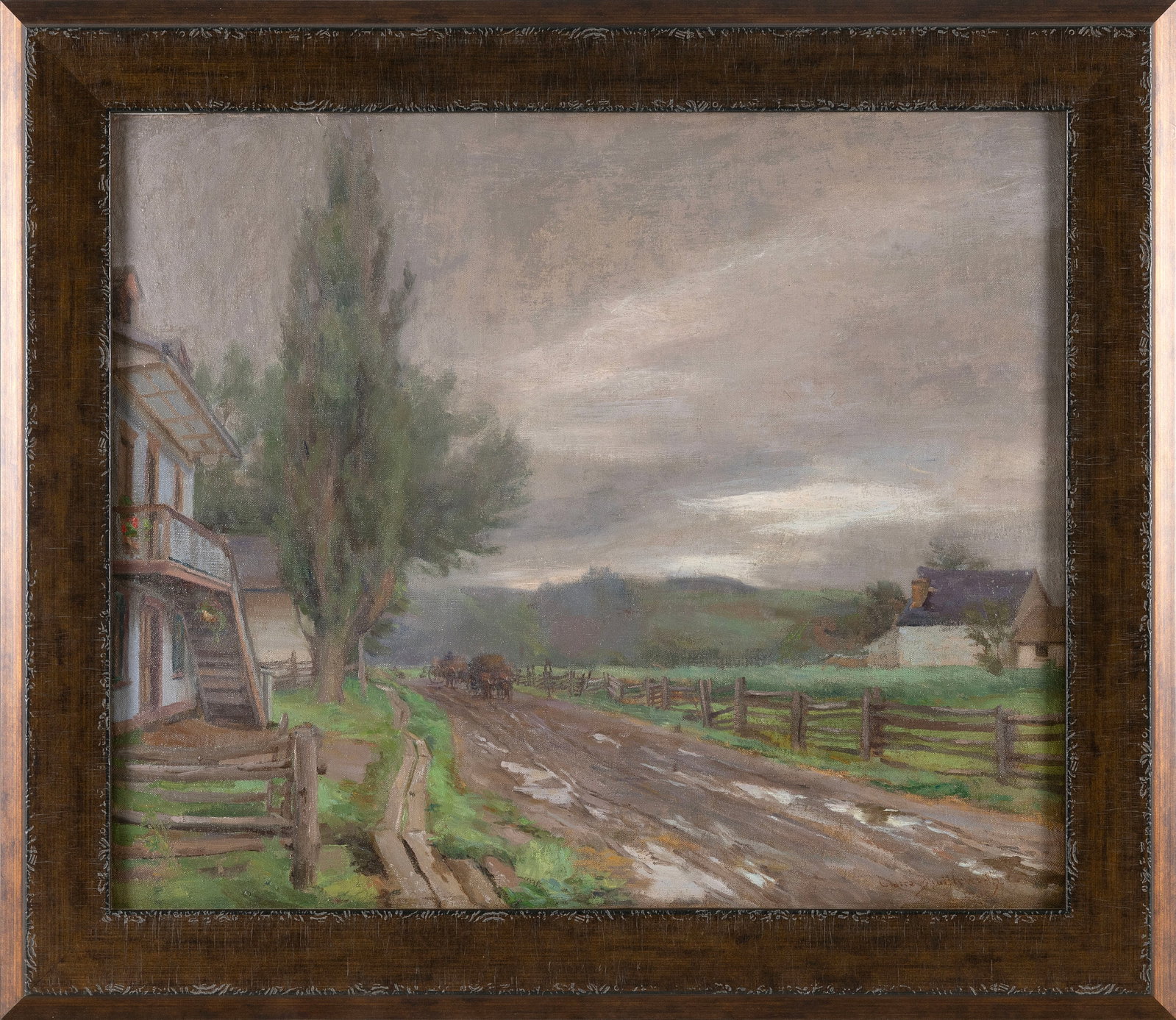 CLAIRE SHUTTLEWORTH (New York, 1867-1930), Rural landscape., Oil on board, 18" x 21.5". Framed 22.5": CLAIRE SHUTTLEWORTH New York, 1867-1930 Rural landscape. Signed lower right "Claire Shuttleworth". Oil on board, 18" x 21.5". Framed 22.5" x 26".