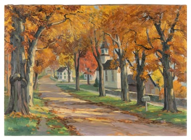 WILLARD J. SAUTER (New York, 1912-2000), Autumnal scene of a church on a country lane., Oil on