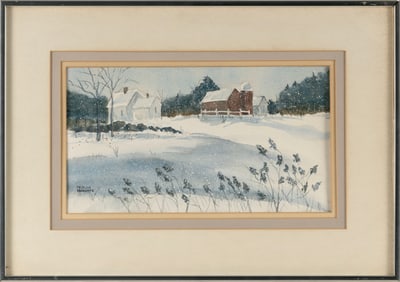 PATRICIA RACKLIFFE (America, 20th Century), Farm in winter., Watercolor, 7.5" x 13" sight. Framed