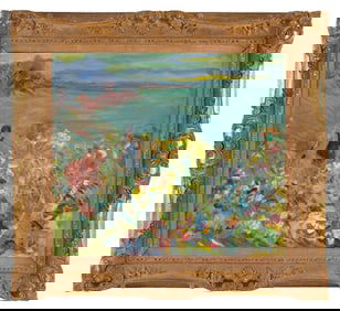 ALBERT MOHR (New York/France, 1918-), "Picking Flowers"., Oil on canvas, 24" x 28". Framed 33" x