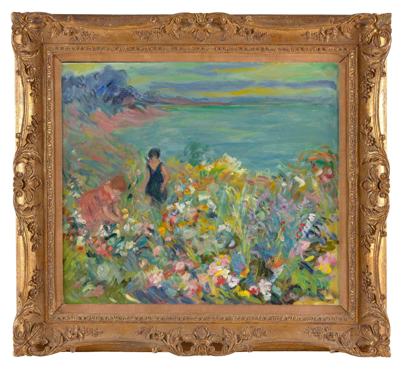ALBERT MOHR (New York/France, 1918-), "Picking Flowers"., Oil on canvas, 24" x 28". Framed 33" x (1 of 2)