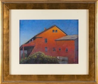 CATHERINE MEEKS (Massachusetts, Contemporary), Red house behind a hedge., Pastel, 13" x 17". Framed