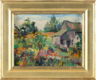 EDITH FRANCES MARSDEN (Massachusetts, 1880-), House with a garden., Oil on board, 7.5" x 9.75"