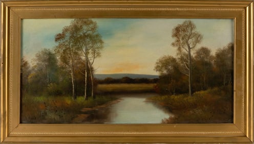 HUDSON RIVER SCHOOL (Early 20th Century,), River landscape at sunset., Oil on canvas, 12" x 24".