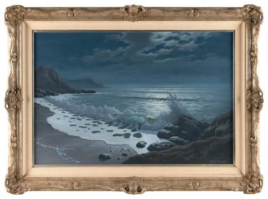 HOWARD DOERING (California, 20th Century), Moonlit scene of waves crashing along a beach., Oil on